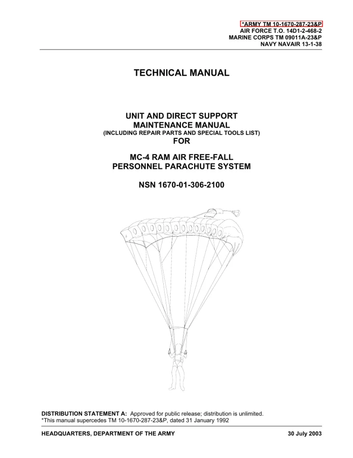 Cover of MC-4 Ram Air Free-fall Personnel Parachute System Technical Manual